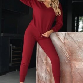 Kadın Uzun Kollu V Yakalı Viskon Iki Iplik Bluz Ve Pantolon Ikili Takım