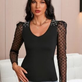 Kadın Uzun Kollu Omuz Inci Kollar Tül Detay Viskon Bluz