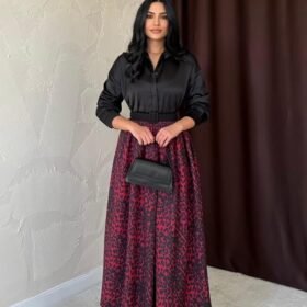 Bordo Leopar Büzgülü Uzun Etek