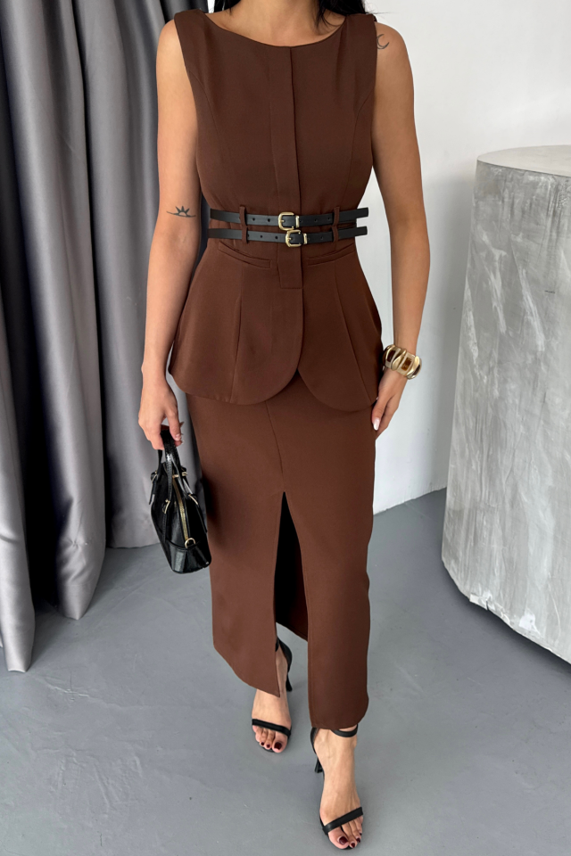 CEKET-ETEK GÖRÜNÜMLÜ ELBİSEÇİFT KEMER DETAYLI - Kahverengi - Görsel 4