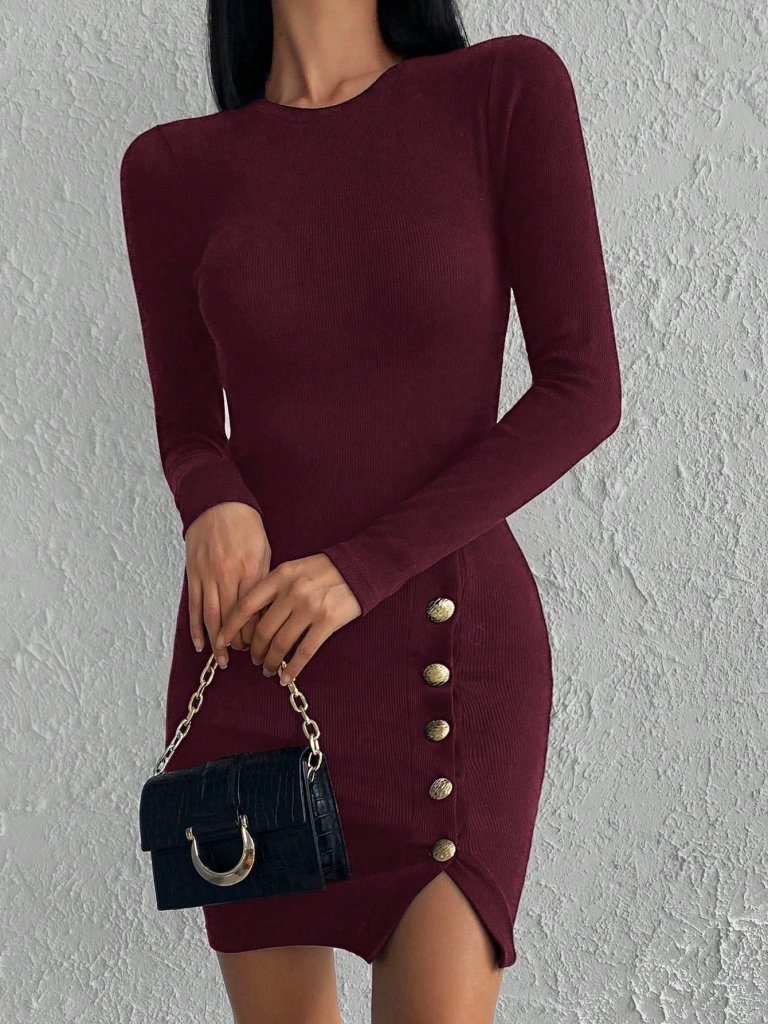 Kadın Bordo Uzun Kollu Bisiklet Yaka Yan Yırtmaç Düğme Detay Kısa Kaşkorse Elbise - Görsel 2