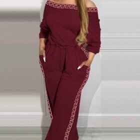 Kadın Uzun Kollu Omuzlardan Açık Beli Lastikli Cepli şerit Desenli Viskon Iki Iplik Tulum