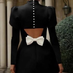 Kadın Uzun Kollu Yarı Balıkçı Yaka Arkadan Kurdela Detaylı Mini Atlas Elbise