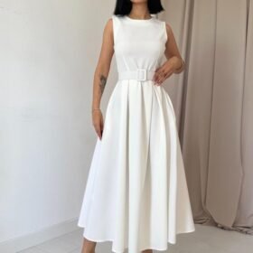 Ekru Halter Yaka Kloş Elbise