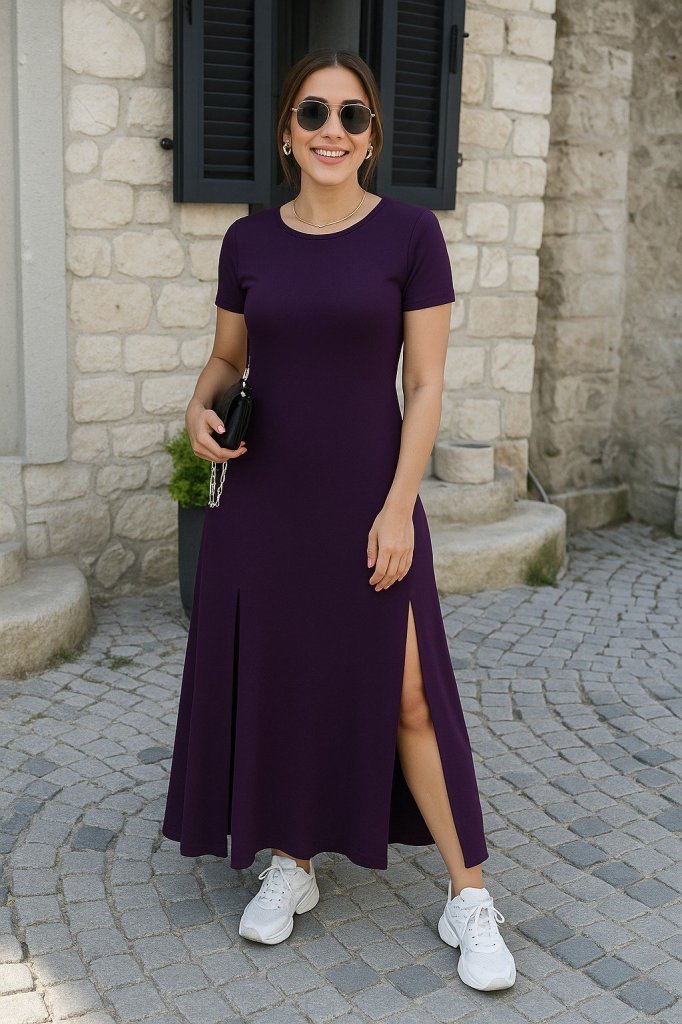 Kadın Kısa Kollu Sırt Dekolteli Yırtmaç Detaylı Viskon Elbise - Görsel 2