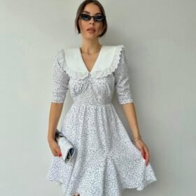 Beyaz Puantiyeli Önlük Yaka Elbise