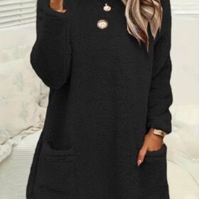 Kadın Uzun Kollu Yuvarlak Yakalı Cepli Peluş Bluz