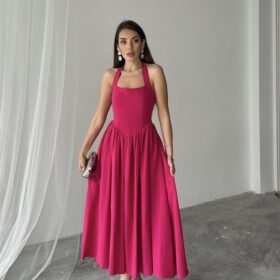 Fuşya Boyundan Bağlamalı Keten Elbise