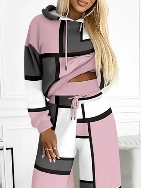 Kadın Uzun Kollu Kapşonlu Bağcıklı Desenli Iki Iplik Bluz Ve Pantolon Ikili Takım - Görsel 2