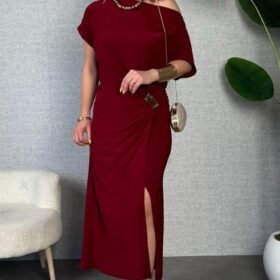 Kadın Kısa Kollu Tek Omuzdan Açık Beli Lastikli Sandy Maxi Elbise