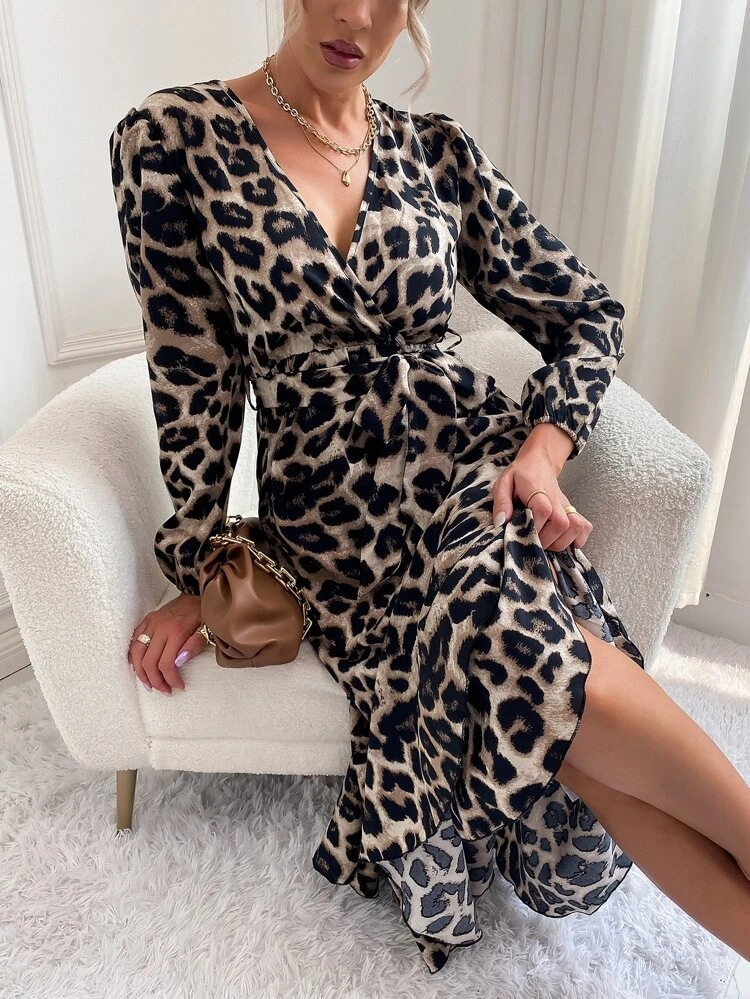 Kadın Uzun Kollu Kruvaze Yakalı Belden Kuşaklı Leopar - Görsel 2
