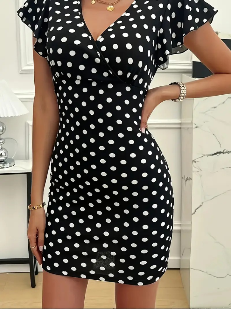 Kadın Kısa Kollu Kruvaze Yakalı örme Puantiyeli Krep Elbise - Görsel 2