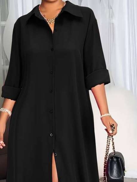 Kadın Uzun Kollu Yakalı önden Düğmeli Uzun Dokuma Elbise - Görsel 2