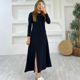 Kadın Uzun Kollu Bisiklet Yaka Size Kadar Yırtmaç Detay Maxi Boy Elbise