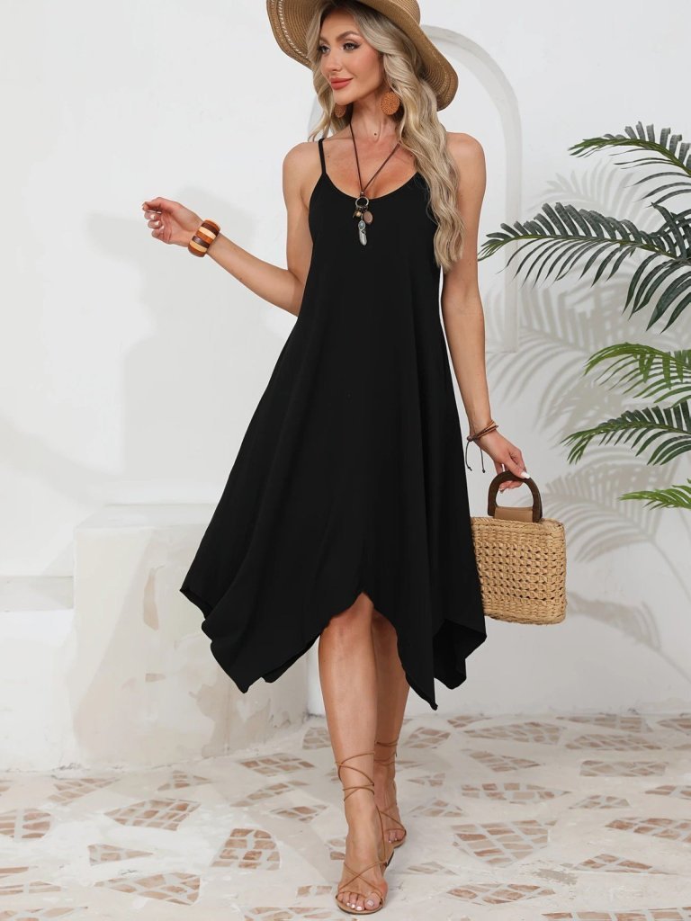 Kadın Ip Askılı Yuvarlak Yakalı Asimetrik Kesim Viskon Elbise - Görsel 4