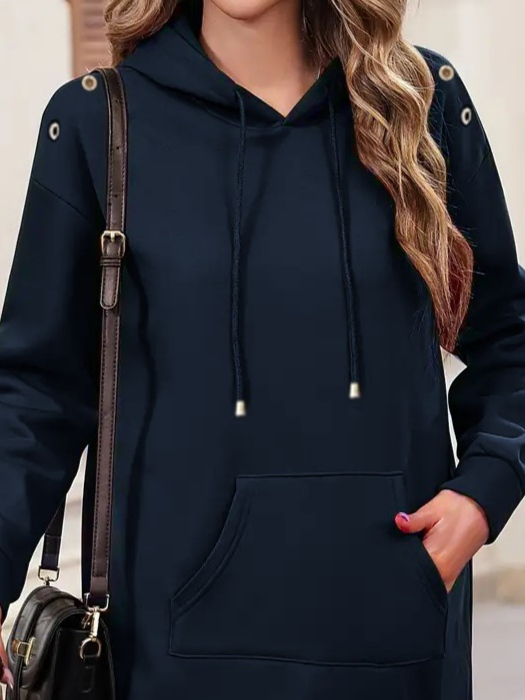 Kadın Uzun Kollu şardonlu Omuz Kuşgöz Detay Eteği Ribanalı Kapşonlu Iki Iplik Elbise - Görsel 2