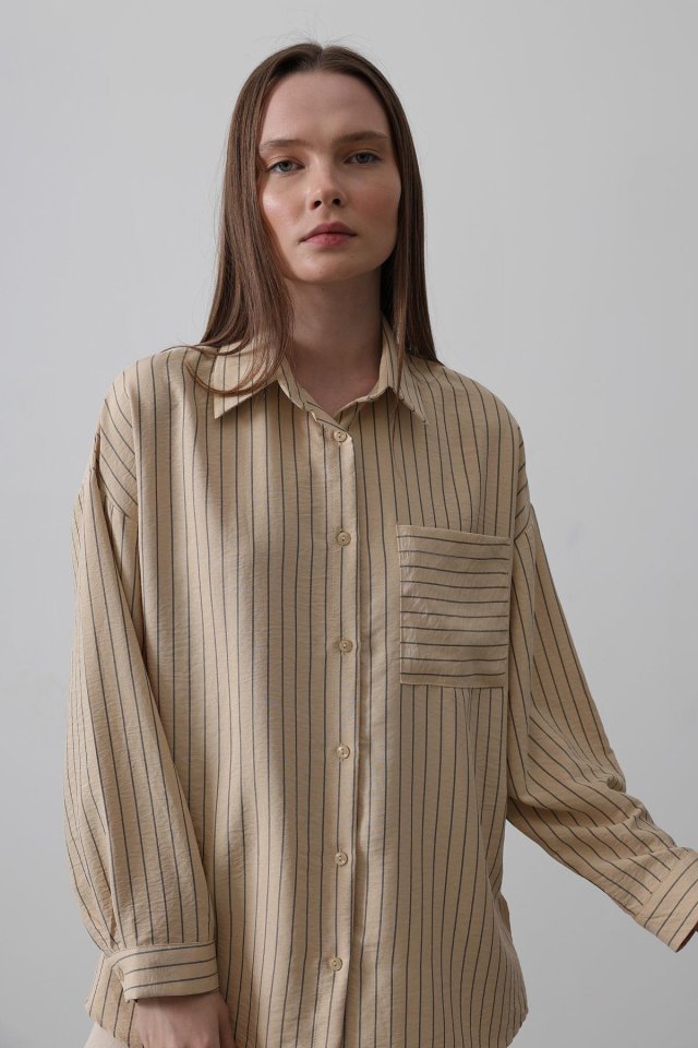 Çizgili Tek Cep Gömlek - Taş - Görsel 4