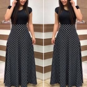 Kadın Kısa Kollu Puan Desen Tam Boy Krep Elbise