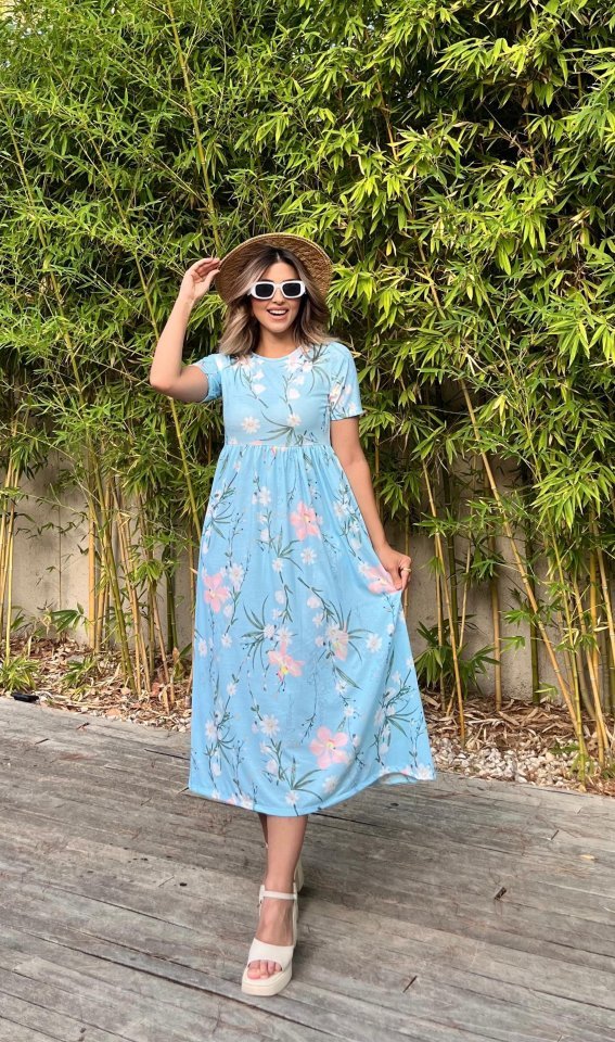 Kadın Kısa Kollu çiçek Baskı Midi Boy Süprem Elbise - Görsel 3