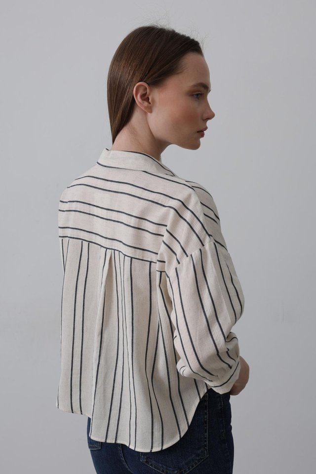 Çizgili Kısa Gömlek - Bej-Lacivert - Görsel 3