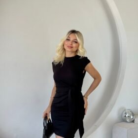 Kadın Kısa Kap Kollu Bisiklet Yaka Belden Bağlamalı Modal Mini Elbise