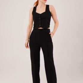 Kalın Askılı Düğmeli Yelek Ve Pantolon Siyah Takım