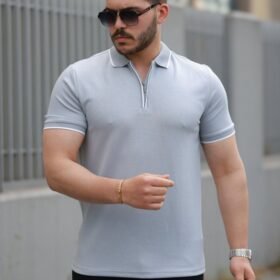 Erkek Fermuar Yakalı çizgi Detaylı Kısa Kollu Tişört