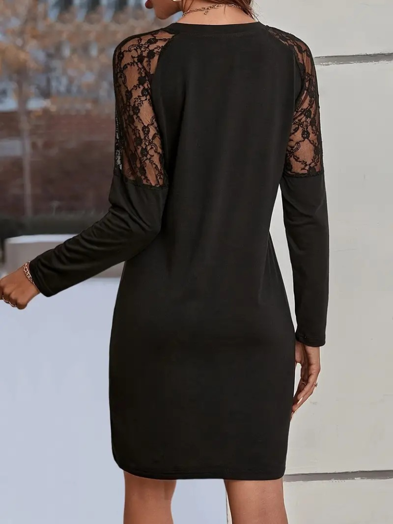 Kadın Uzun Kollu Kolları Dantelli Yuvarlak Yandan Düğme Detay Yaka Viskon Iki Iplik Elbise - Görsel 3