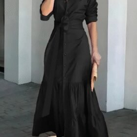 Kadın Uzun Kollu Eteği Fırfırlı Beli Kuşaklı Trikoton Tam Boy Gömlek Elbise