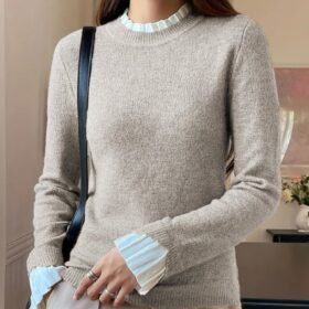 Kadın Uzun Kollu Fırfırlı Yakalı Triko Krem Bluz