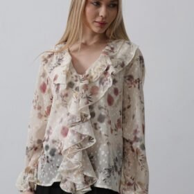 Volanlı Çiçek Desen Şifon Gömlek - Krem