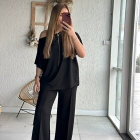 Kadın Tek Omuzdan Açık Geniş Kesim Viskon Iki Iplik Bluz Ve Pantolon Ikili Takım