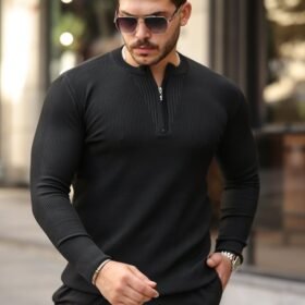 Erkek Fermuarlı Bisiklet Yaka Dokulu Uzun Kollu Triko