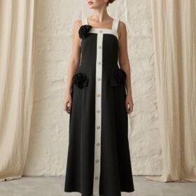 Siyah Güllü Askılı Elbise