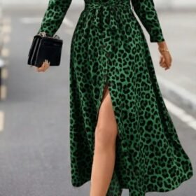 Kadın Uzun Kollu Yakalı Belden Kuşaklı Leopar Desenli Modal Uzun Elbise