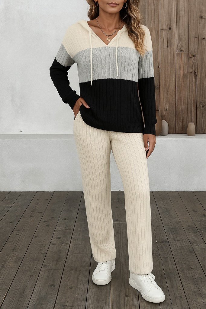 Kadın Uzun Kollu Kapşonlu Bağcıklı Blok Renkli şardonlu Kaşkorse Bluz Ve Pantolon Ikili Takım - Görsel 3