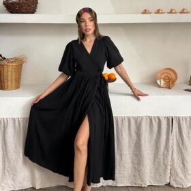 Siyah Müslin Uzun Elbise