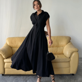 KOLSUZ VATKALI ÖNDEN DÜĞMELİBEL PENS DETAYLI POPLİN ELBİSE - Siyah