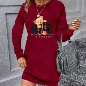 Kadın Uzun Kollu Bisiklet Yaka Ayı Desenli Viskon Iki Iplik Elbise