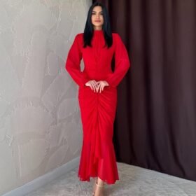 Kırmızı Önü Büzgülü Şifon Elbise