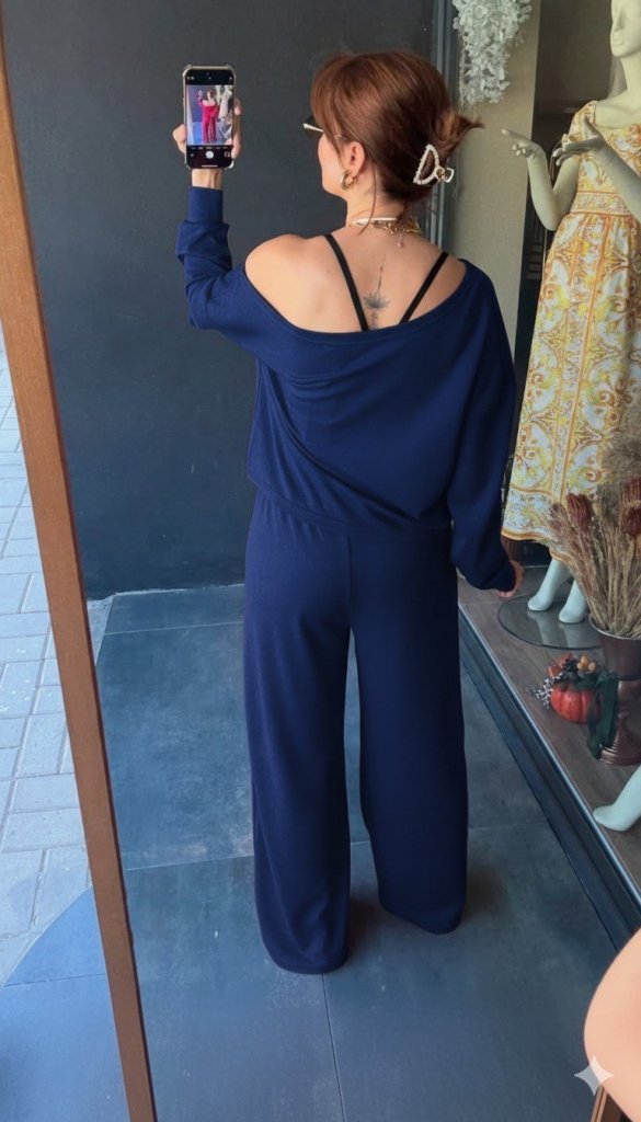 Kadın Uzun Kollu Tek Omuzdan Açık Viskon Iki Iplik Bluz Ve Pantolon Ikili Takım - Görsel 3