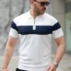 Erkek Fermuar Yakalı şerit Renk Desenli Kısa Kollu Tişört