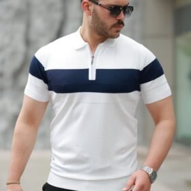 Erkek Fermuar Yakalı şerit Renk Desenli Kısa Kollu Tişört