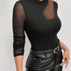 Kadın Uzun Kollu Yarı Balıkçı Yaka Kolları Tüllü Dalgıç Bluz