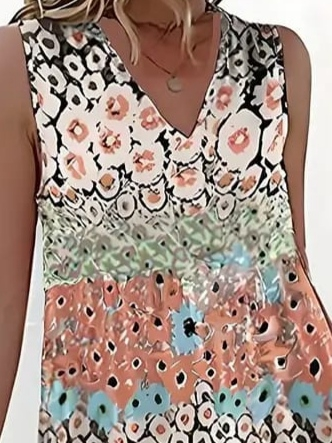 Kadın Kolsuz V Yaka çiçek Desenli Süprem Elbise - Görsel 2