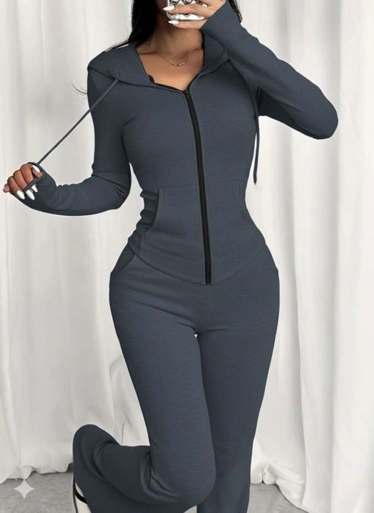 Kadın Uzun Kollu Kapşonlu Bağcıklı önü Fermuarlı Viskon Iki Iplik Bluz Ve Pantolon Ikili Takım - Görsel 3