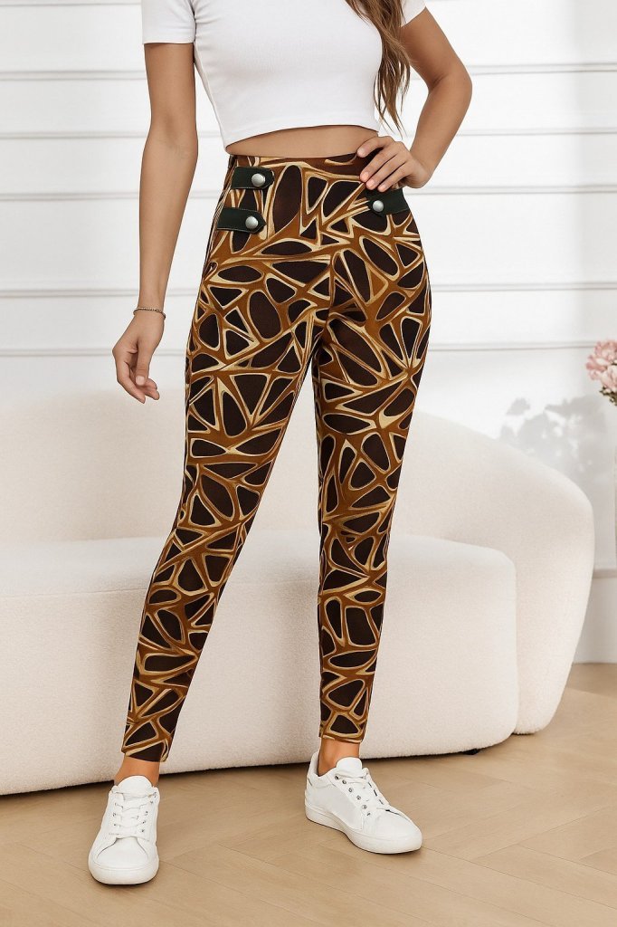 Kadın Yüksek Bel Kaz Ayağı Desenli Yan şerit Düğme Detaylı Dalgıç Pantolon - Görsel 3
