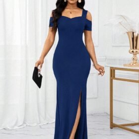 Kadın Omuzlardan Açık Askılı Yırtmaç Detaylı Uzun Ithal Krep Elbise