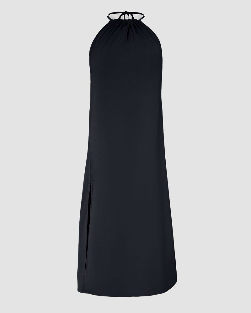 Kadın Boyundan Askılı Halter Kollu Viskon Elbise - Görsel 4