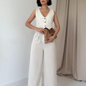 Bej Önü Düğmeli Yelek Ve Pantolon Takım